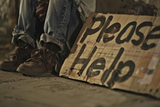 Cardboard sign with text 'Please help' and beggar in street. KI generiert, generiert, AI generated