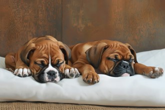 Two cute boxer pups sleeping on cushions, AI generated