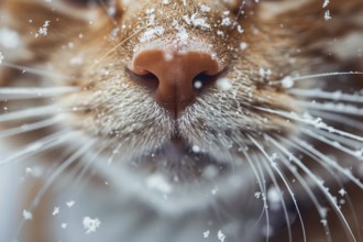 Close up of orange cat's nose covered in snowflakes. Generative Ai, AI generated