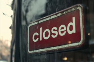 Old red 'Closed' sign in shopping window. Generative Ai, AI generated