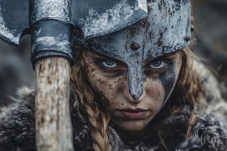 Female viking woman with ax and helmet. Fenerative Ai, AI generated