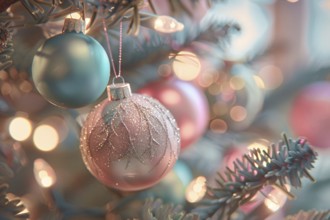 Close up of beautiful pastel colored bauble ornaments on branches of white christmas tree.