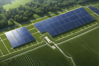 Complex layout of a photovoltaic power plant symmetrically arranged in rows of solar panels, AI