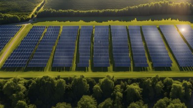 Top down aerial view of a photovoltaic plant arranged in symmetric rows, AI generated