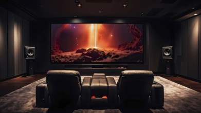 Modern home theater with boasting plush reclining seats elegantly arranged, AI generated