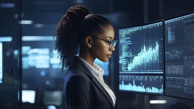 Black african american female it specialist engaged in analyzing data for cyber security, AI