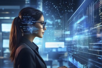 Caucasian female it specialist engaged in analyzing data for cyber security, AI generated