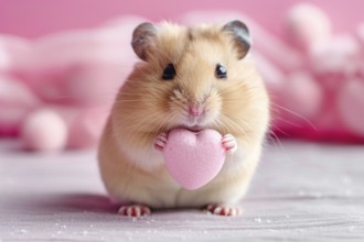 Cute hamster with Valentine eart in front of pink studio background. Generative AI, AI generated