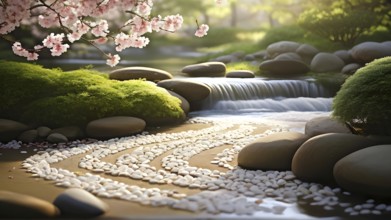 Zen garden bathed in the soft glow of dawn as a serene symbol for relaxation, AI generated