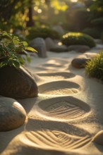 Zen garden bathed in the soft glow of dawn as a serene symbol for relaxation, AI generated