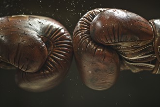 Close up of two brown clashing boxing gloves in fight. Generative Ai, AI generated