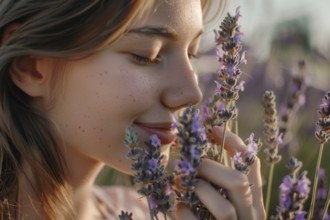 A woman savouring the scent of lavender flowers (Lavendula), AI generated, AI generated, AI