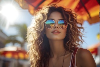 Portrait of a young woman with modern sunglasses with sandy beach in background, AI generated