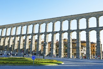 Roman aqueduct at the Plaza de Azoguejo, Segovia, province of Segovia, Castile and Leon, Spain,