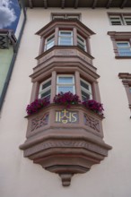 Historic, two-storey sandstone bay window, 16th century, main street 18, Rottweil,