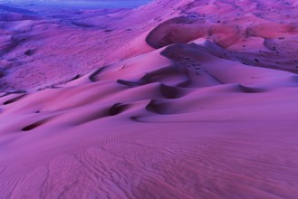 Wind-sculpted, curved, sand dunes in front of sunrise in the Rub al Khali desert, Dhofar province,