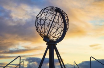 Steel globe at the North Cape in the evening light, Nordkapp, Finnmark, Norway, Europe