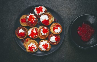 Demidoff pancakes, mini pancakes, with sour cream and red caviar, homemade, no people