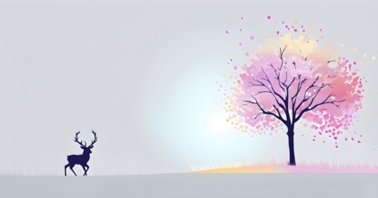 Abstract minimalist spring scene with a single, sharp silhouette of a deer and of a blooming tree,