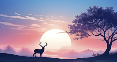 Abstract minimalist spring scene with a single, sharp silhouette of a deer and of a blooming tree,