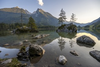 Hochkalter reflected in Hintersee, at sunset, Berchtesgaden National Park, Ramsau, Upper Bavaria,