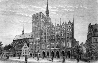 The market square of Stralsund, Germany, in 1885, historical, digital reproduction of an original