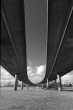 Curved ramp bridges, approach to the Rheinknie Bridge, cable-stayed bridge from 1965, Düsseldorf,