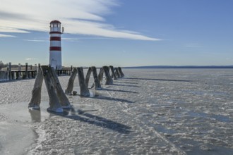 Frozen lake, ice, lighthouse, Podersdorf am See, Lake Neusiedl, Burgenland, Austria, Europe