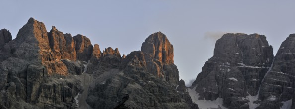 Alpenglow at sunset over the mountain Monte Cristallo in the Dolomites, Italy, Europe