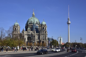 Berlin Cathedral in Berlin's Mitte district, on the right the television tower at Alexanderplatz,