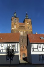 Towers of St Peter's Church, Hanseatic town of Seehausen, Altmark, Saxony-Anhalt, Germany, Europe