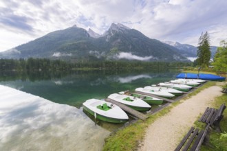 Jetty with boats at Hintersee, pedal boats, Ramsau, Berchtesgaden National Park, Berchtesgadener