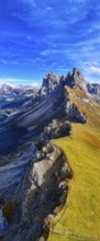 The peaks Sas Rigais and Furchetta of the Geisler group, panoramic photo, drone photo, Val Gardena,