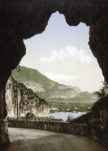 Ponale Street, Lake Garda, Italy, Historical, digitally restored reproduction from a 19th century