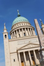 Oblique view of a cathedral with a green dome under a clear sky, St. Nikolai Church, Alter Markt,