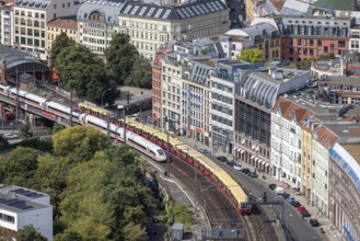 City view, ICE and S-Bahn at Hackescher Markt station, Berlin, Germany, Europe