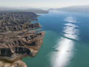 Aerial view, erosion landscape on the Naryn River, Toktogul Reservoir, Kyrgyzstan, Asia