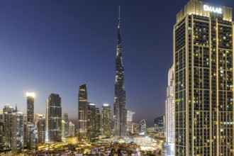 Burj Khalifa skyline tallest building in the world from above at night in Dubai, United Arab