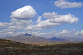 View of distant mountains and vast autumn landscape under a blue sky covered with clouds, autumn,