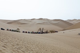 Beach buggies in the dune landscape, Laguna de Huacachina oasis, Ica, Ica region, Ica province,