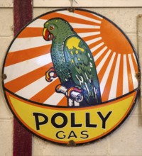 Round circular vintage metal advertisement sign for Polly Gas gasoline petrol, USA 1950s 1960s