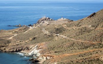 Coastal landscape Cabo de Gata natural park, looking west to the lighthouse, Almeria, Spain, Europe