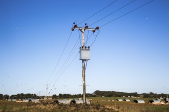 Electricity power supply lines held on wooden telegraph poles crossing fields against blue sky,