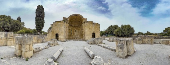 Panorama of view of ancient ruins of Titus Basilica, in the foreground remains of stones foundation