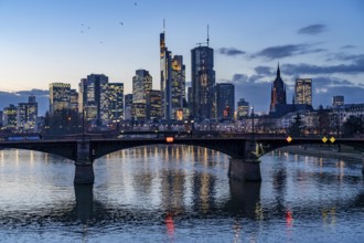 Skyline of the city centre of Frankfurt am Main, river Main, dusk, Ignatz-Bubis-Brücke, Hesse,