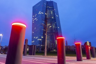 Building of the European Central Bank, ECB, on the Main in Frankfurt, barrier bollards on the banks