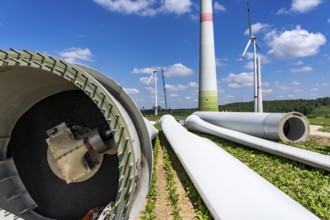 Repowering of a wind farm, near Brilon-Radlinghausen, 2 old turbines are demolished, rotors and