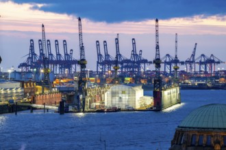 Port of Hamburg, view of the Blohm + Voss shipyard, Dock 11, evening, cranes of the container