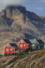 Inuit settlement at a fjord, mountainous, autumn, sunny, Tasiilaq, East Greenland, Greenland, North