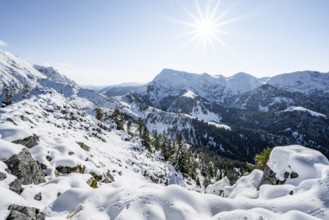 Snow-covered summit of the Jenner in autumn, view of mountain panorama with Hagengebirge,